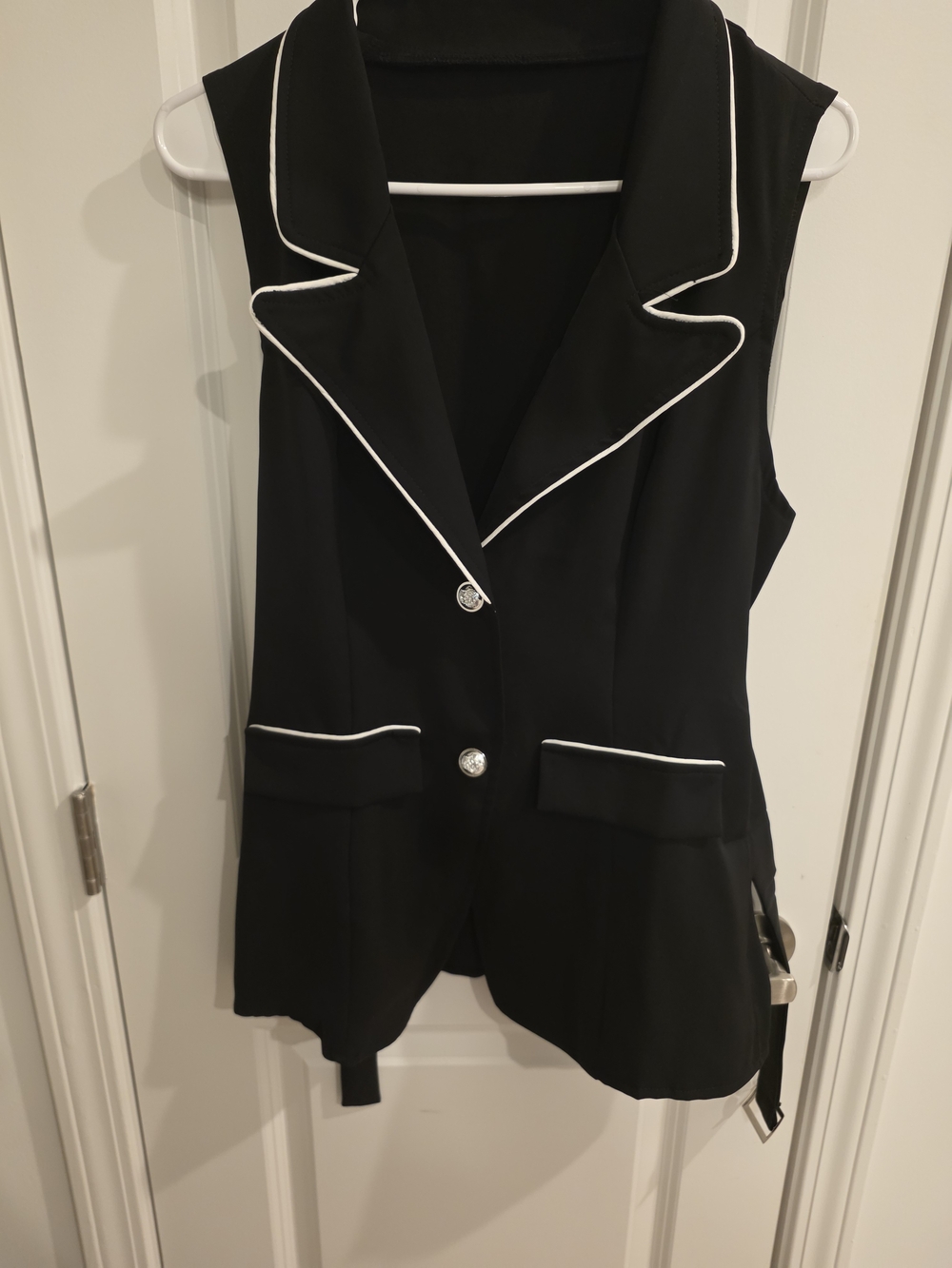Black Sleeveless Blazer Vest with White Piping